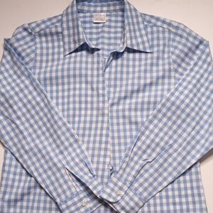 Avon Women's Light Blue and White Gingham Dress Shirt - Small (NWOT)